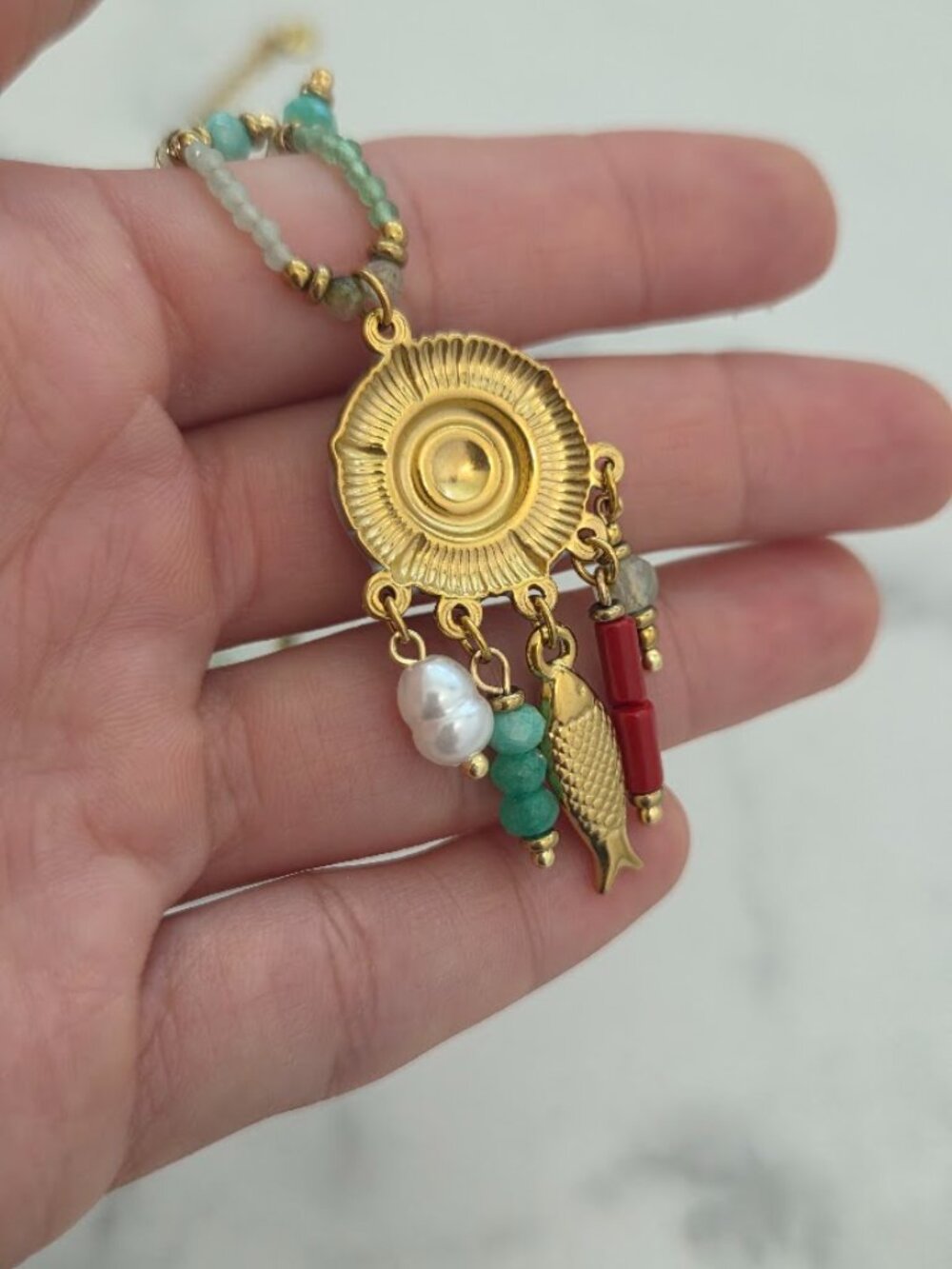 Boho Gold Tone Mint Green Beaded Necklace Fish Charm Dangle Pendant - Picture 10 of 16
